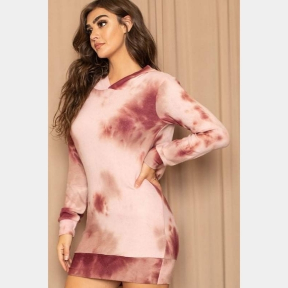 Boutique Tie Dye Hoodie Long Sleeve Sweatshirt Burgundy Red Multicolor - Picture 6 of 11